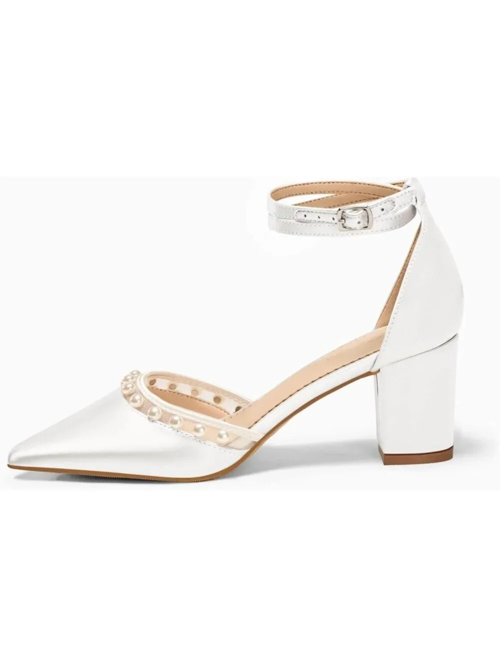 Women's White Satin Pearl Heels Shoes for Bride Closed Pointed Toe Ankle Pump